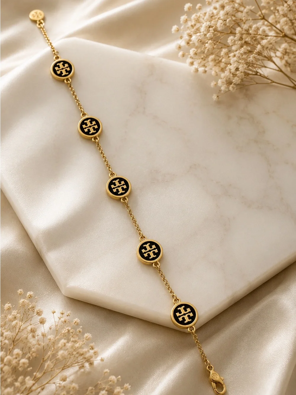 Tory Burch Gold and Black Logo Disc Bracelet